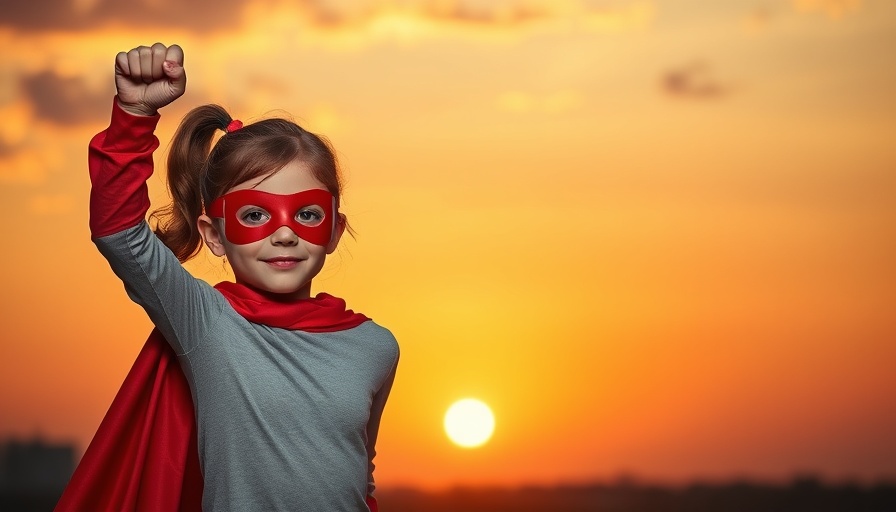 Confident young girl in superhero costume raising arm against sunset sky.