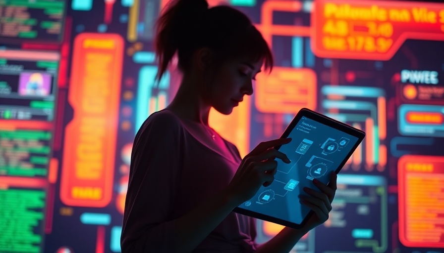 AI agents and futuristic digital interface on tablet.