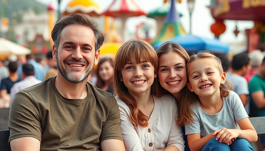 Smiling family enjoying theme park outing.