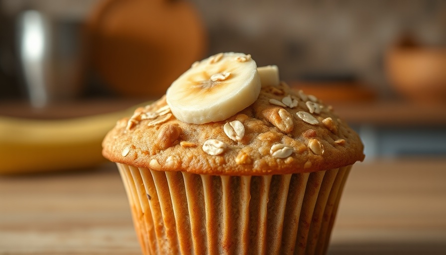 Banana oatmeal muffin topped with banana slice and oats.
