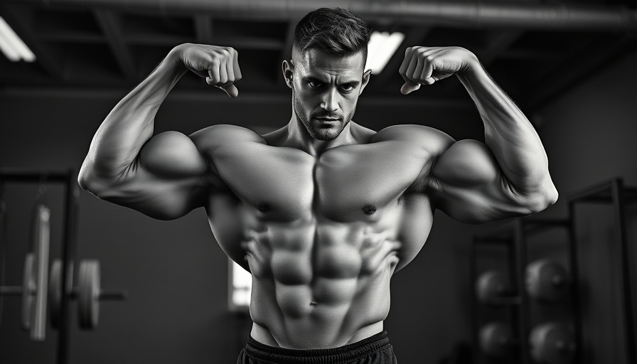 Competitive bodybuilding pose showcasing muscular definition in black and white.