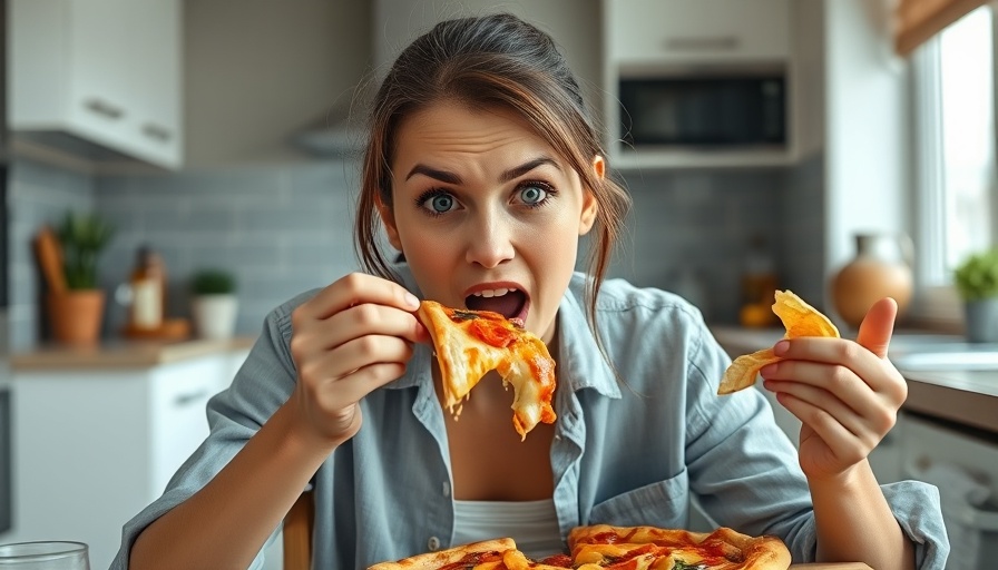Emotional eating concept with woman enjoying pizza and chips in kitchen.