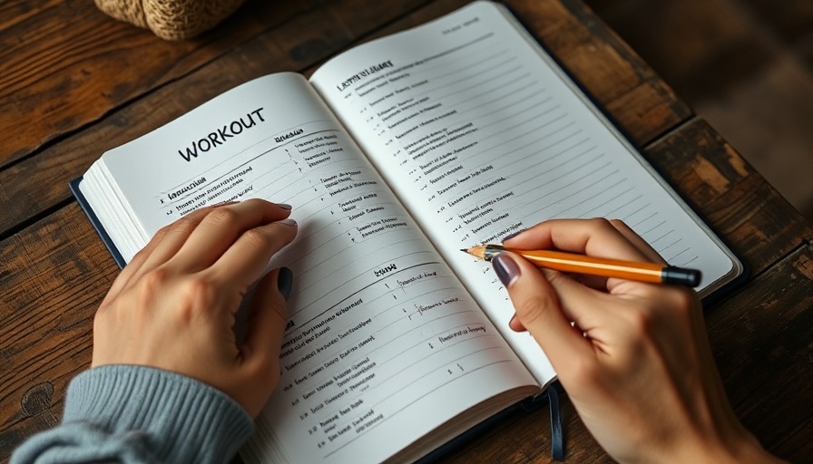 Close-up of a workout plan notebook with hands writing on it
