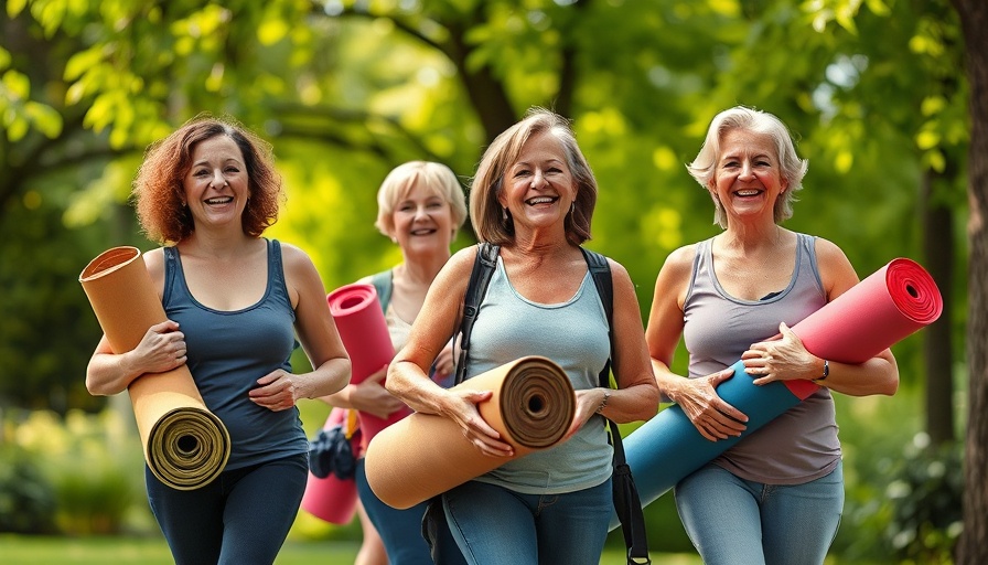Joyful group of women with yoga mats in a park, emphasizing menopause tips.