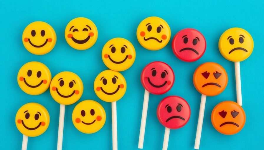 Colorful candies with emoji faces showing different emotions on blue background.