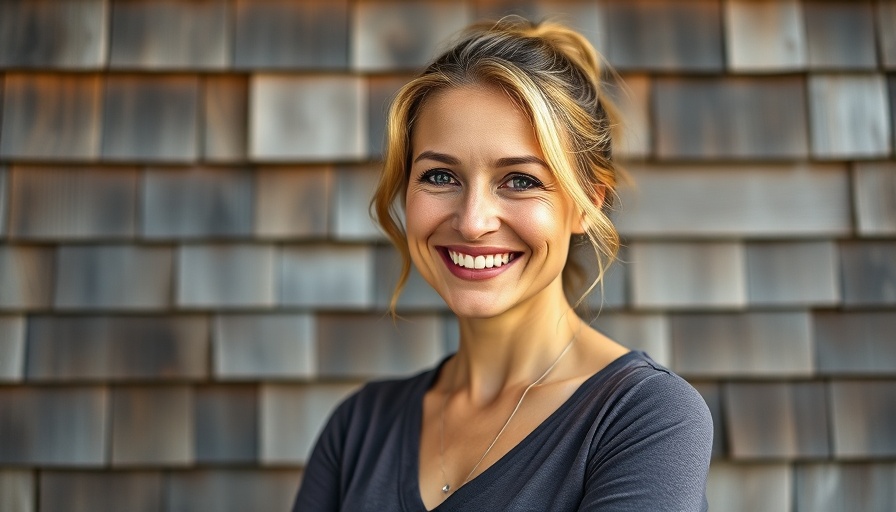 Confident woman smiling with wooden wall background, fat loss strategies.
