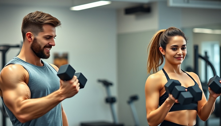 Male and female trainers demonstrating weight training exercises.
