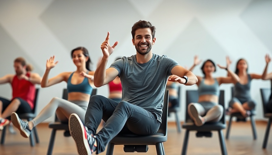 Two individuals doing chair exercises in a bright gym setting.