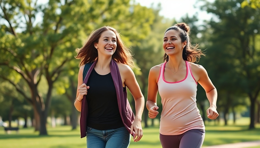 Two women enjoying walking fitness in a sunny park.