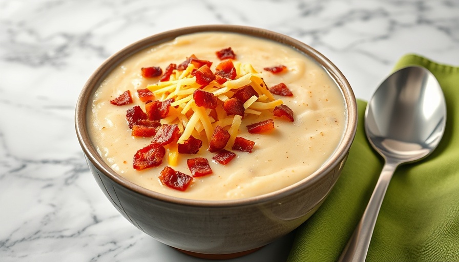 Loaded baked potato soup garnished with bacon and cheese on marble.