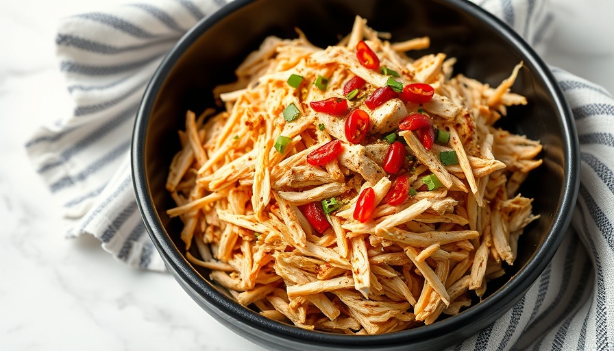 Shredded chicken seasoned with red pepper in black bowl.