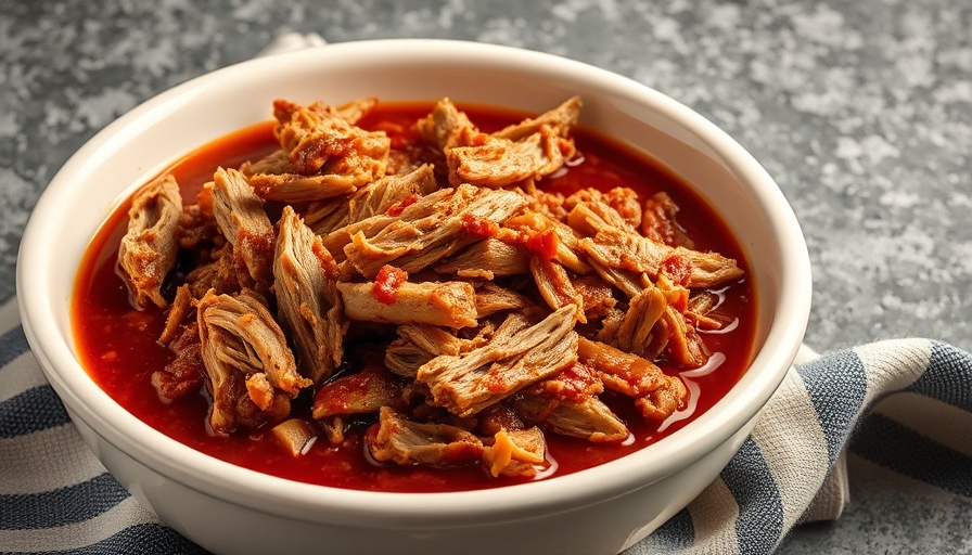 Savory slow cooker pulled pork in sauce on a rustic table.