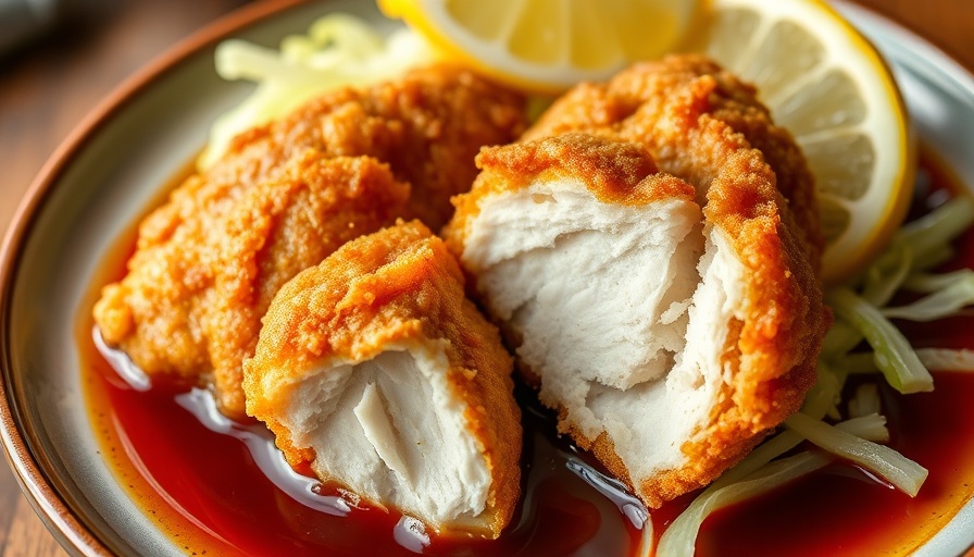 Delicious chicken katsu slices with sauce and fresh cabbage.