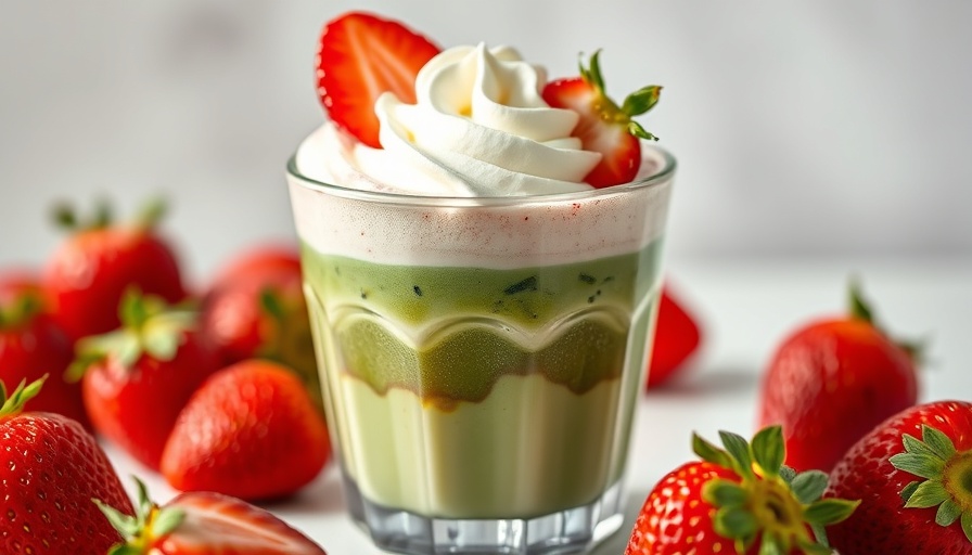 Vibrant iced protein strawberry matcha topped with cream.