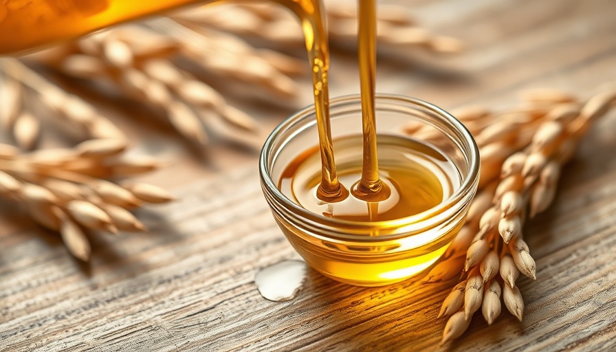 Golden rice bran oil being poured into a glass bowl with rice stalks.