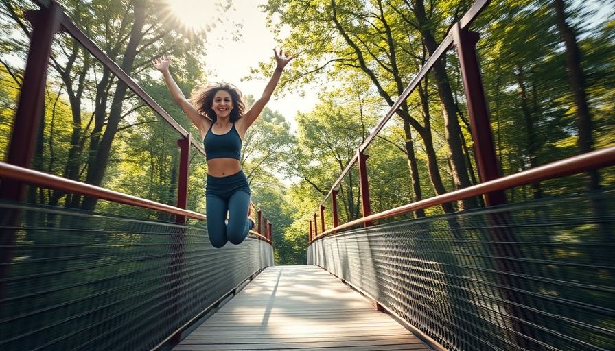 Energetic woman celebrating fat loss phase in a forest.