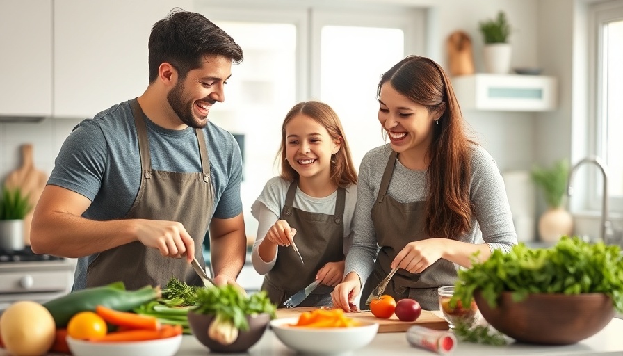 Joyful family cooking together promoting healthy family habits.
