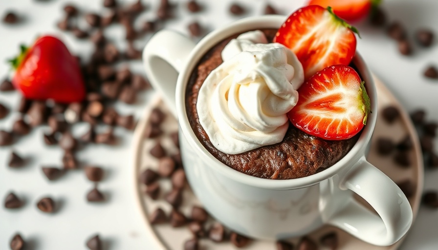 Chocolate protein mug cake with strawberries and cream