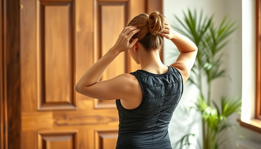 Fit woman in weighted vest facing door, adjusting ponytail.