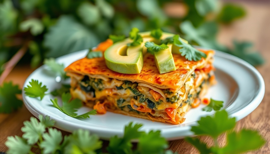 Taco lasagna slice topped with avocado and cilantro on a plate.