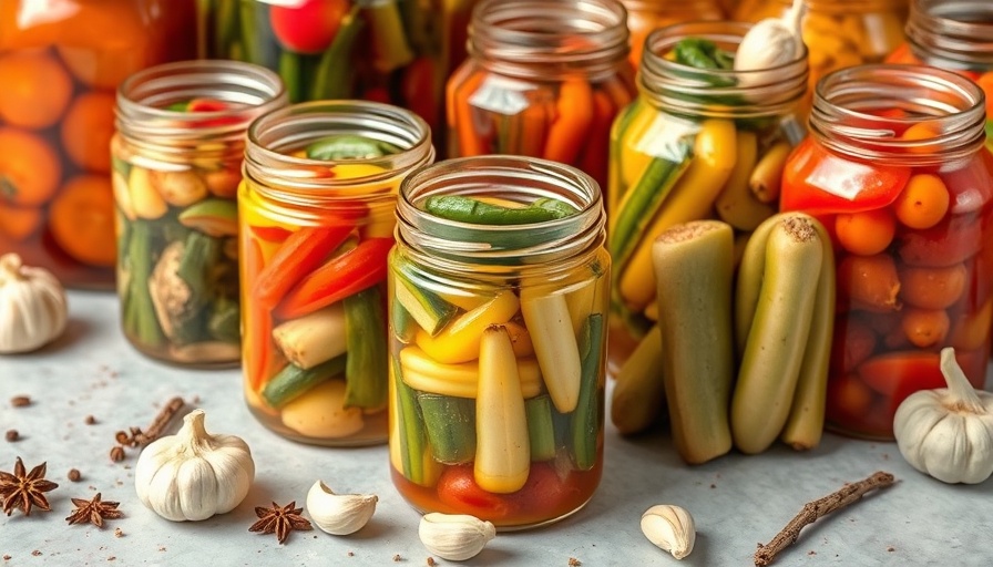 Colorful probiotic-rich pickled vegetables on light surface.