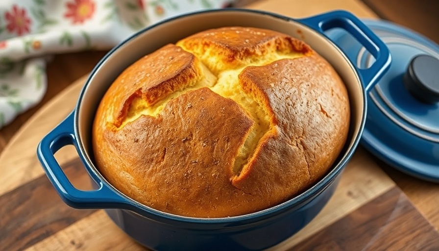 Golden brown Dutch oven bread in a blue pot with parchment paper.