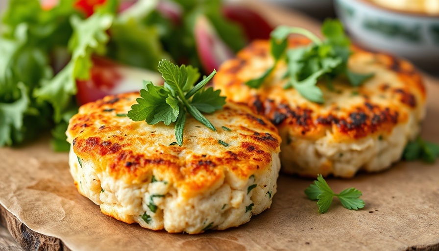 Appetizing tuna cakes with herbs and salad on a plate.