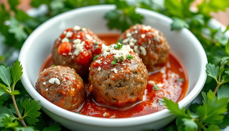 Savory keto meatballs with herb garnish on a white plate.