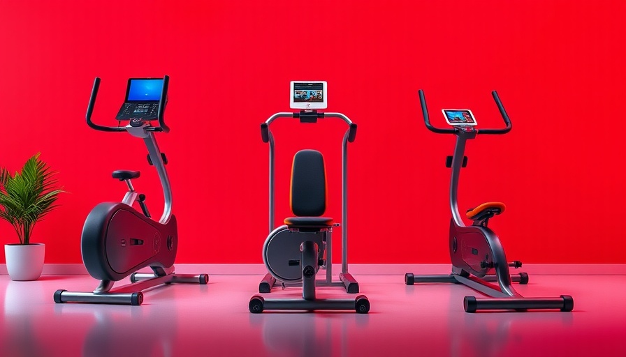 Smart home gym equipment with sleek design on red background.