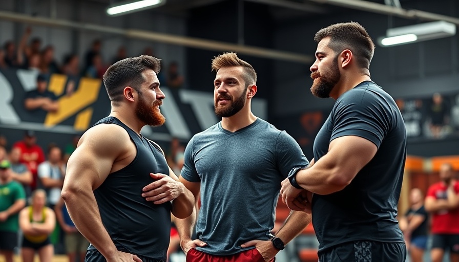 CrossFit Games Open competitors discussing in a lively indoor gym setting.