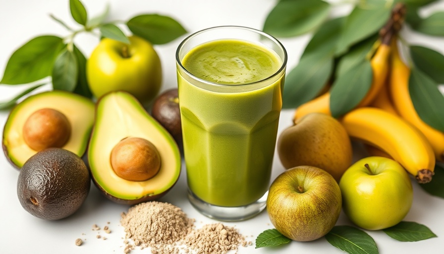 Superfood greens supplements with green smoothie and fresh fruits.