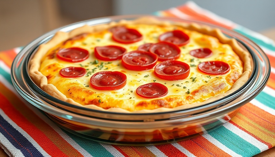 Keto crustless quiche topped with pepperoni in glass dish.