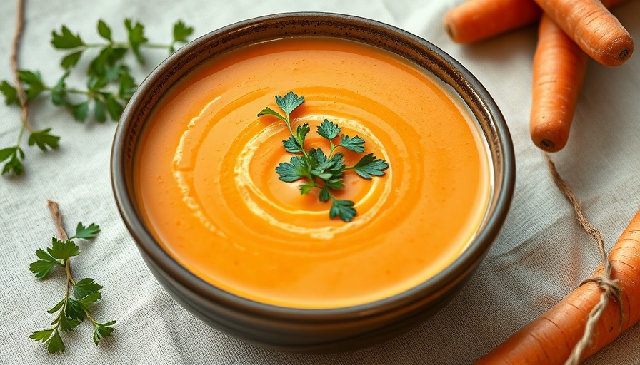Delicious carrot ginger soup in a bowl, garnished with herbs, warm and inviting.