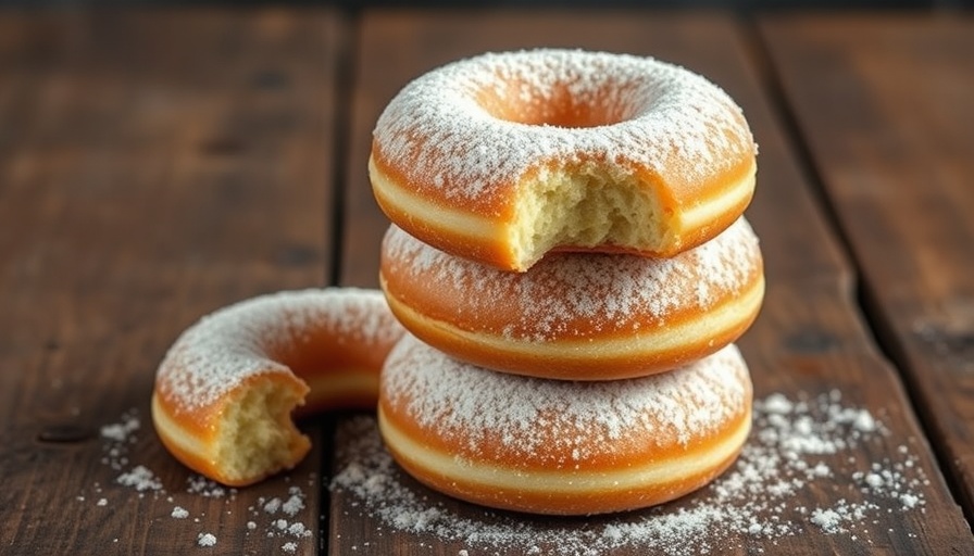Stack of powdered keto donuts with a bite taken, wooden table.