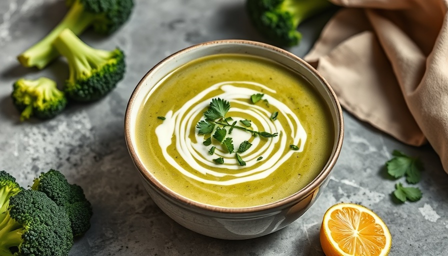 Creamy broccoli soup in a bowl with cream and herbs.