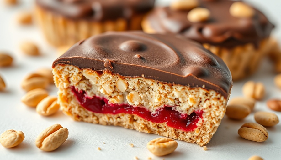 Protein oat cups with chocolate and jelly filling, stacked on a surface.