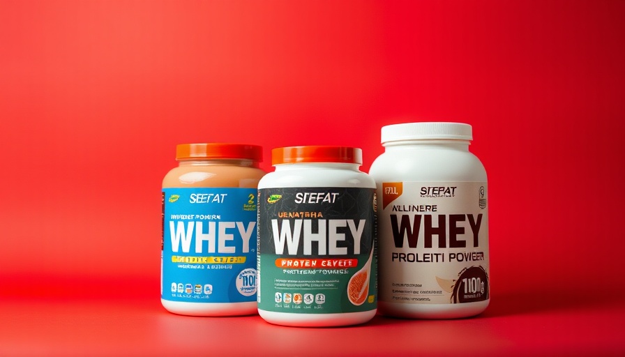 Diverse whey protein powders on red background.