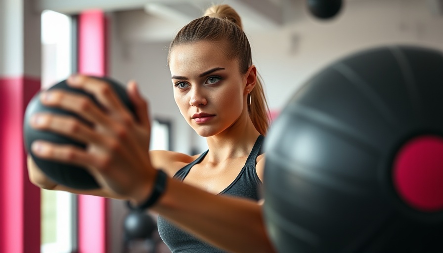 Focused woman exercising with medicine ball in gym, juggling health and motherhood.