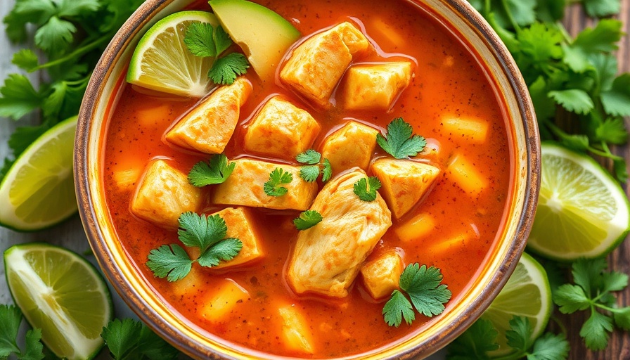 Bowl of Mexican chicken soup with vibrant ingredients.