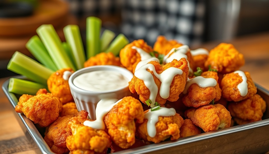 Air fryer cauliflower wings with sauce and celery in a tray.
