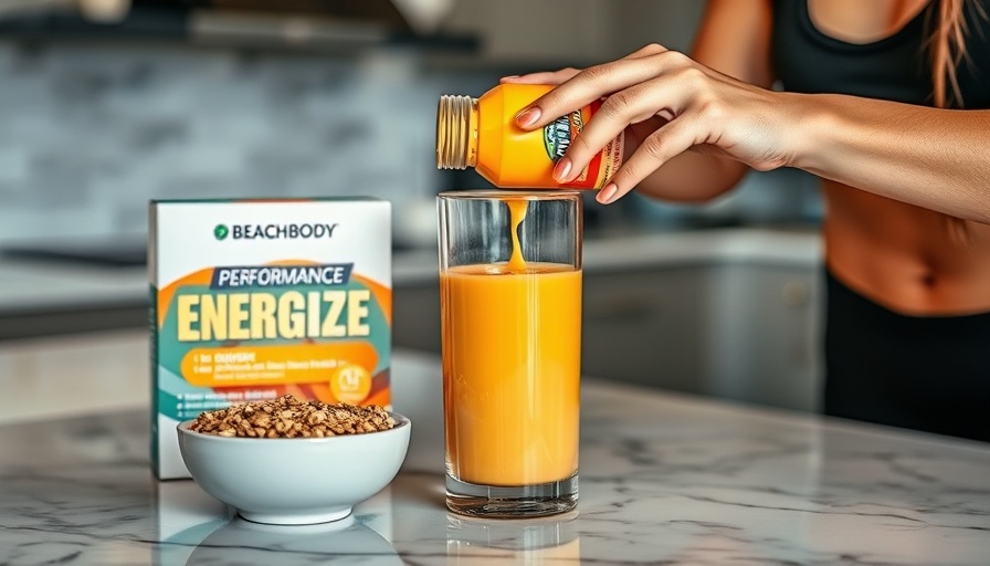 Beachbody Performance Energize supplement being prepared on a marble countertop.