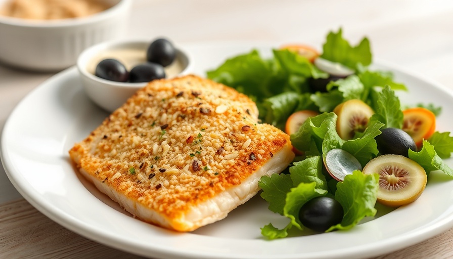 Crispy almond parmesan baked fish with salad and dip.