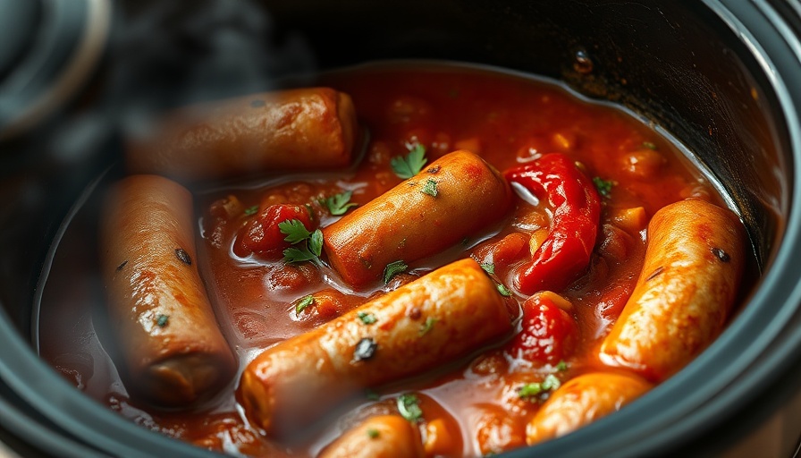Slow Cooker Sausage and Peppers cooked in rich tomato sauce.