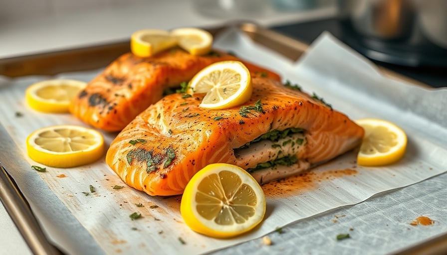 Juicy Stuffed Salmon with Lemon slices, ready to serve.