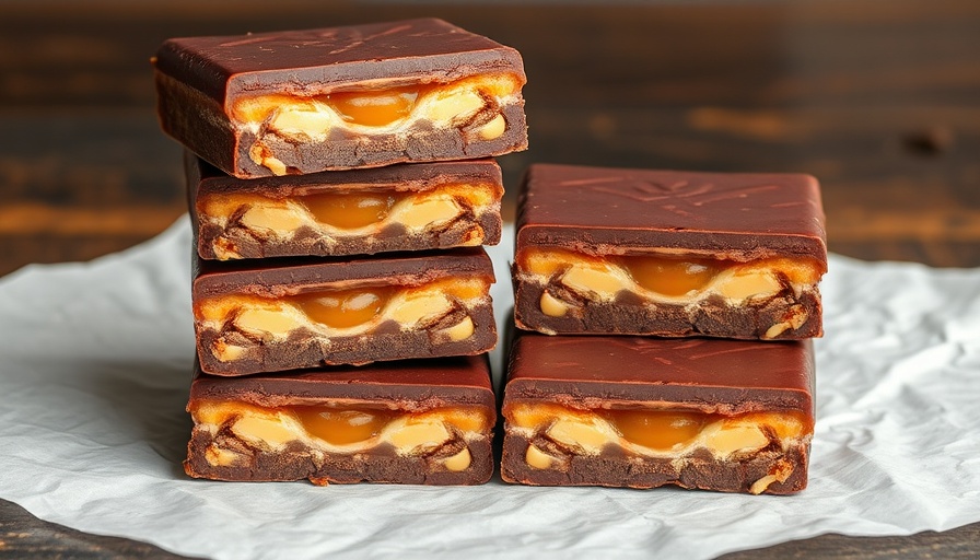 Egg-free chocolate caramel bars on parchment paper.