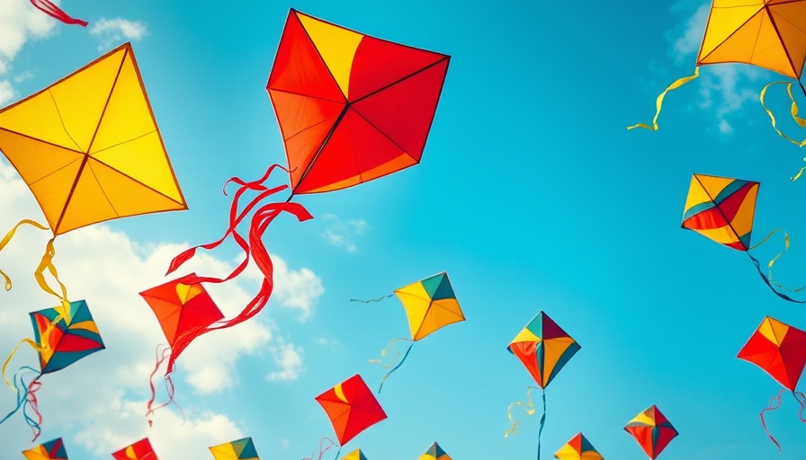 Vibrant colorful kites fluttering in the sky, evoking happiness.