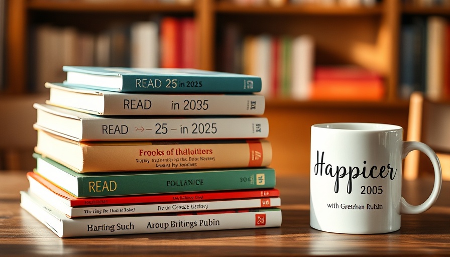 Colorful book stack with 'Read 25 in 25' and coffee mug.