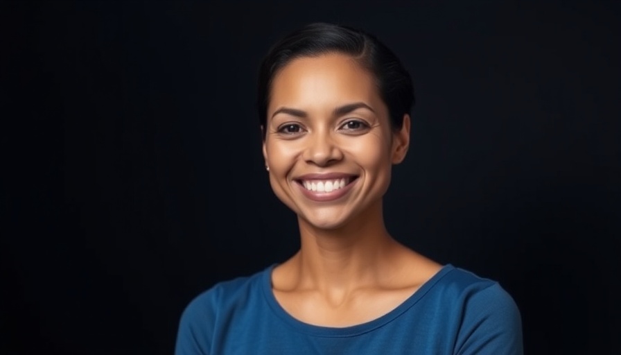 Confident woman smiling, setting intentions theme, dark background.