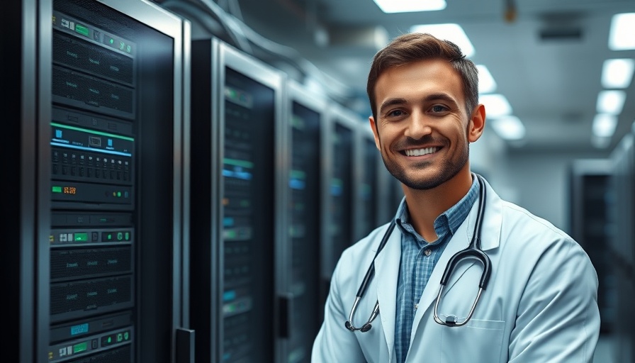 Professional in healthcare stands in server room showcasing AI technology.