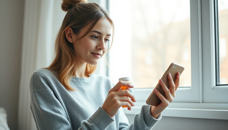 Young woman managing health online, holding pills, concept of women's health.